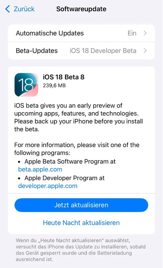 沈北苹果手机维修分享苹果 iOS / iPadOS 18 开发者预览版 Beta 8 发布 